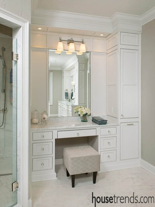 Makeup Vanity: Crystal Knobs and Tall Linen Cabinet
