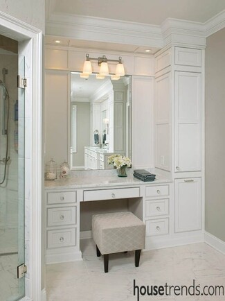 Makeup Vanity: Crystal Knobs and Tall Linen Cabinet