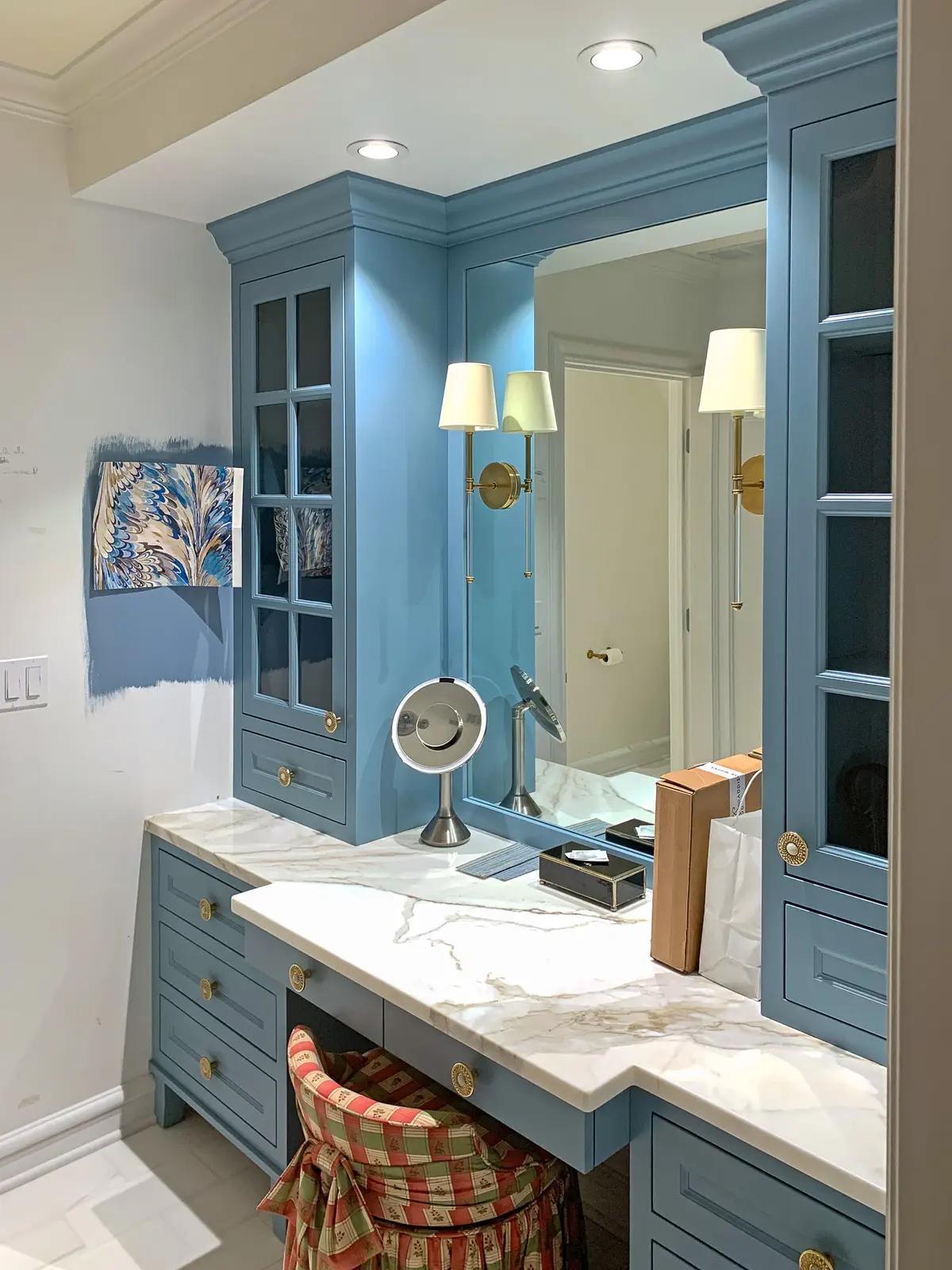 Makeup Vanity: Dusty Blue Cabinets and Glass Hutch