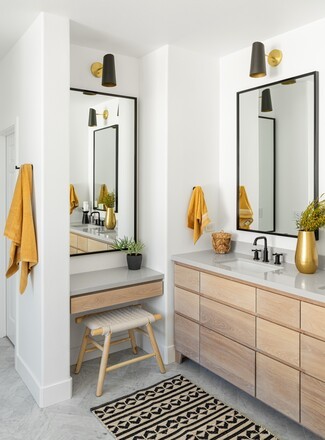 Makeup Vanity: Light Wood Built-In Nook and Woven Stool