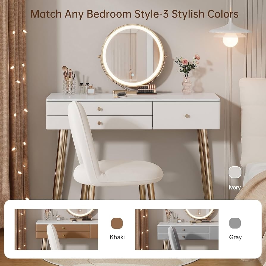 Makeup Vanity Set: Gold and Ivory Vanity Desk Tapered Legs
