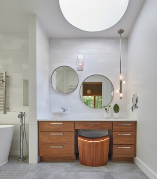 Makeup Vanity: Walnut Cabinetry and Staggered Mirrors