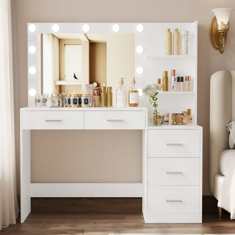 Makeup Vanity: White Lighted Vanity with Five Drawers