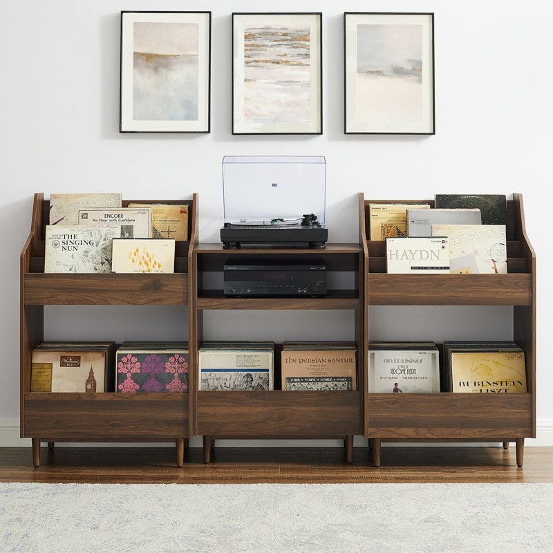 Media Console: Tiered Record Bins Open Media Shelves