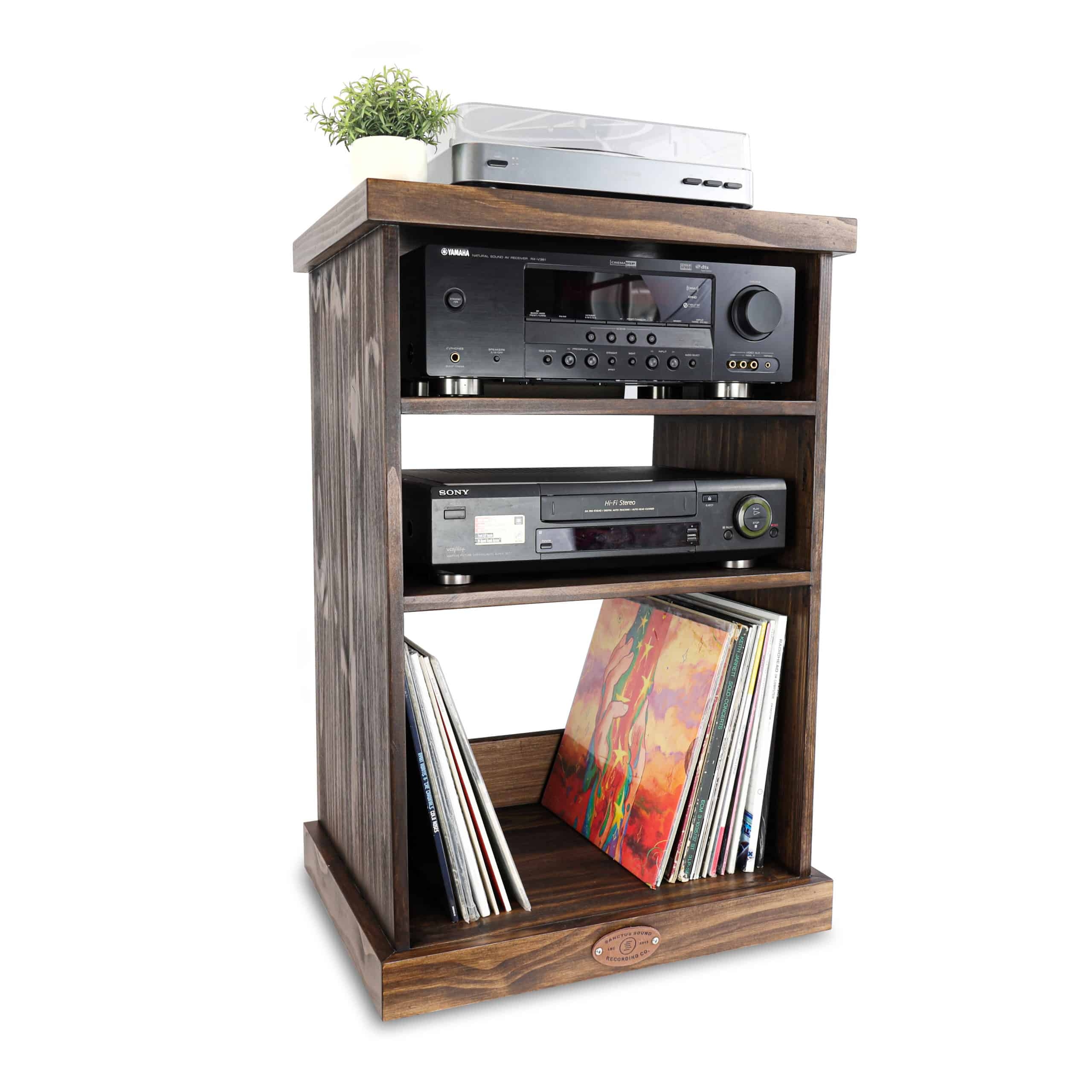 Media Console Tiered Shelving Thick Wood LP Storage