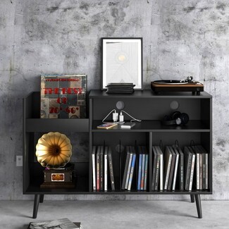 Media Console with Charging Ports: Black Record Player Stand