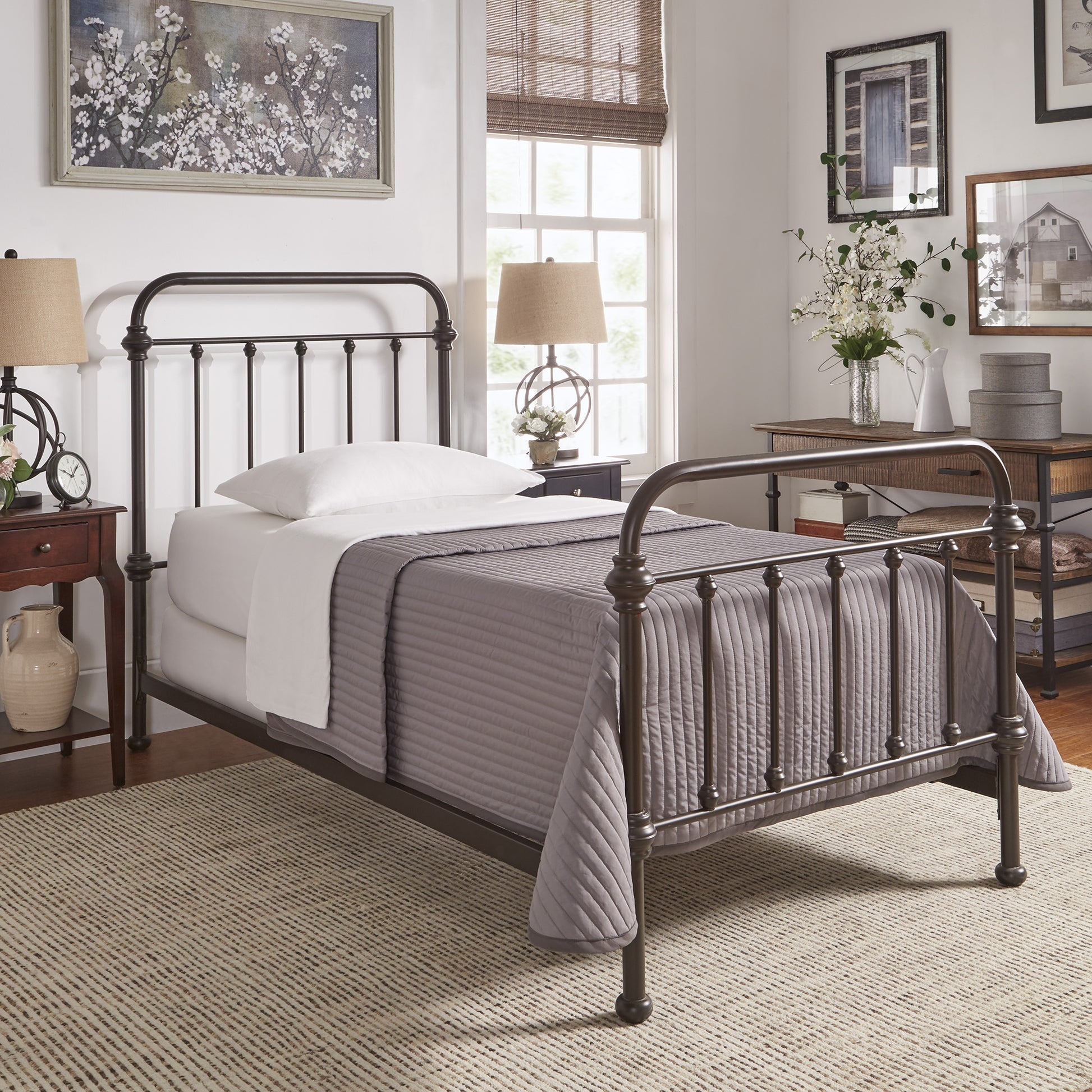Metal Bed Frame Antique Dark Bronze Five Spindle Design