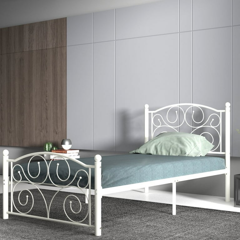 Metal Bed Frame Matte White Ornate Scrollwork Bed
