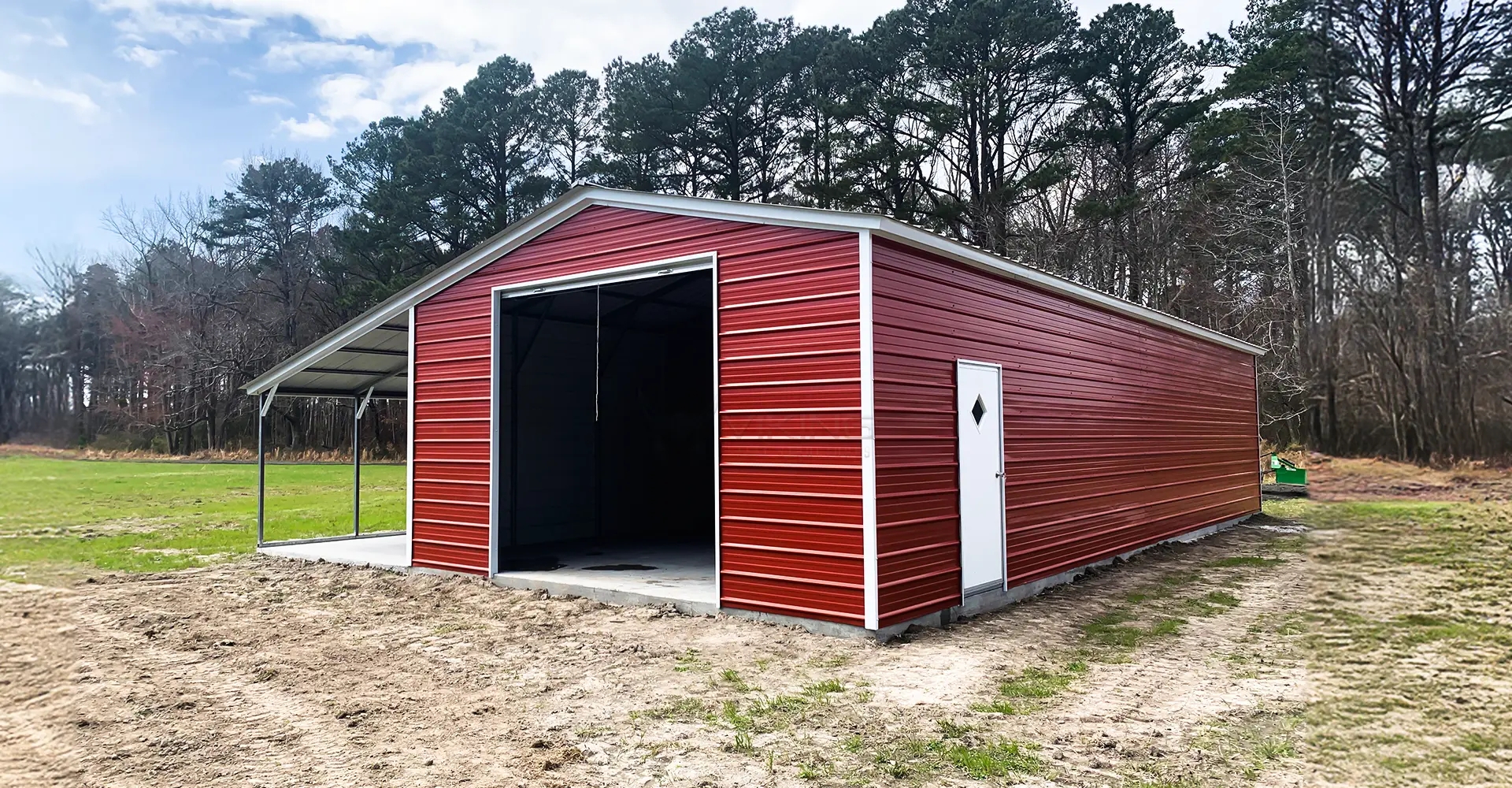 Metal Shed with Side Lean-To for Red Golf Cart Storage