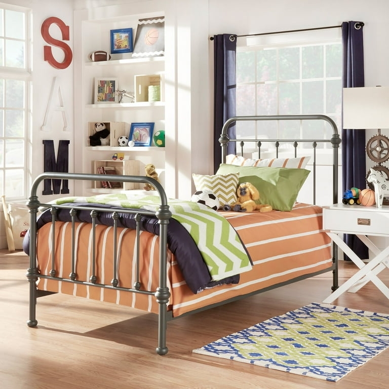 Metal Twin Bed Frost Grey Spindle Headboard Design