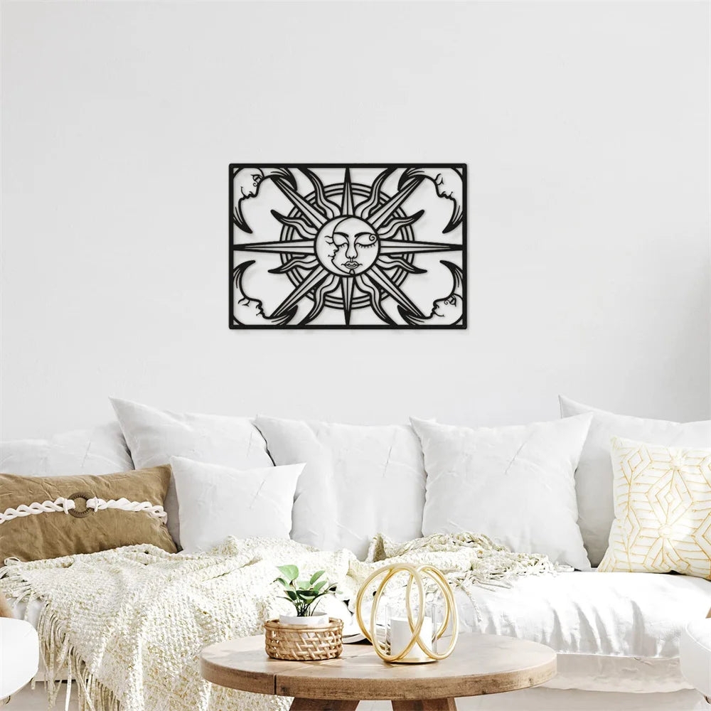 Metal Wall Art: Celestial Motif Matte Black Sun Moon Art
