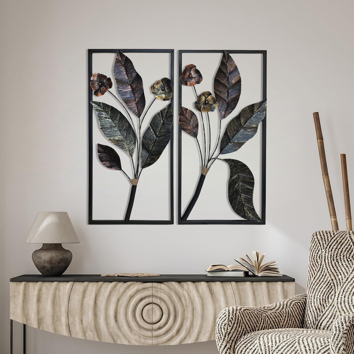 Metal Wall Art: Diptych Set Distressed Botanical Panels