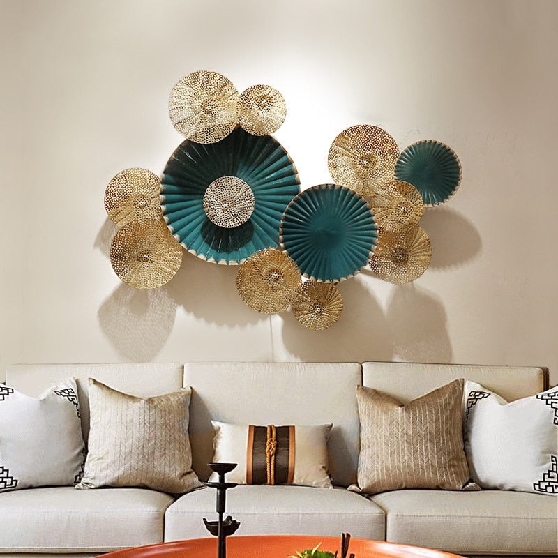 Metal Wall Art Pleated Teal Disks Modern Glam Living Room