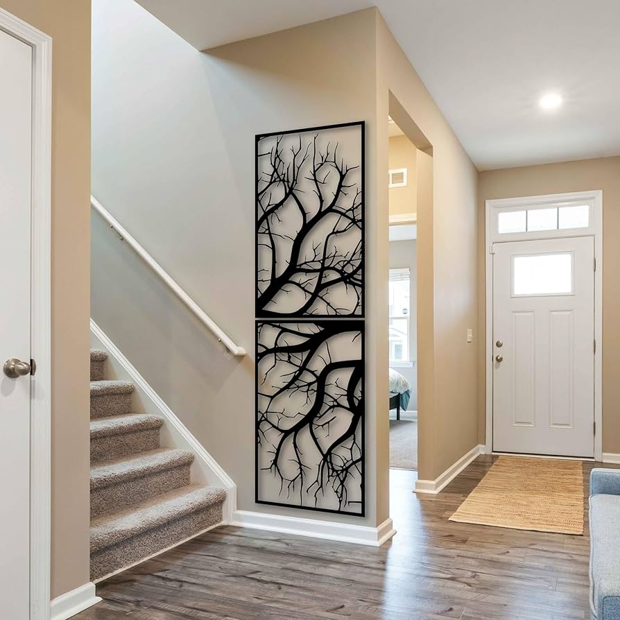 Metal Wall Art: Stacked Panels Tree Silhouette Vertical Decor