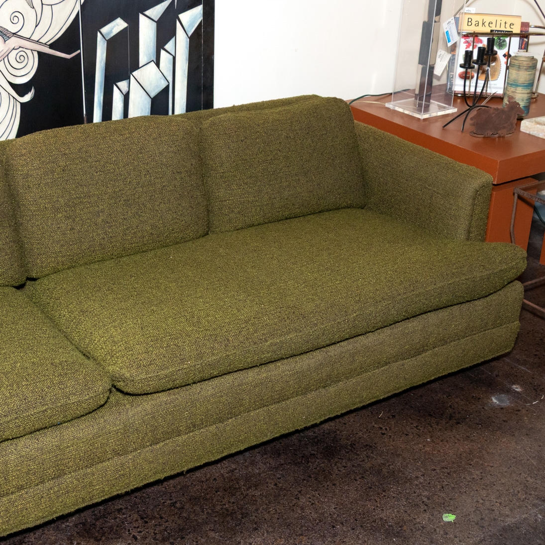Mid Century Sofa: Olive Green Textured Wool Upholstery
