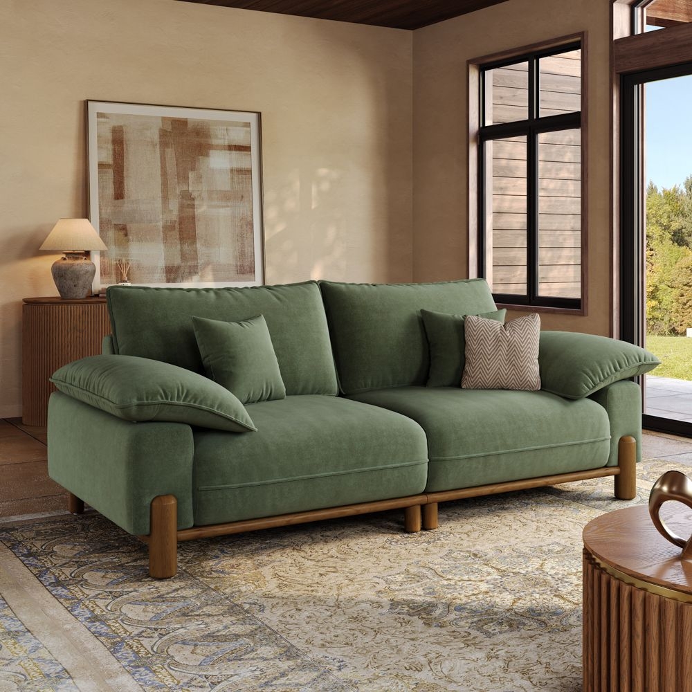 Mid Century Sofa: Sage Green Fabric with Cylindrical Legs
