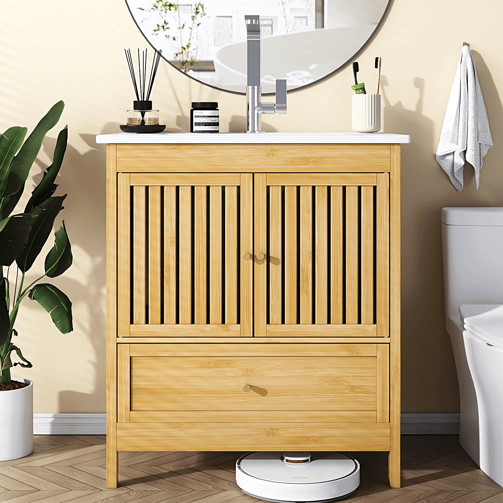 Modern Bathroom Vanity with Slatted Bamboo Texture