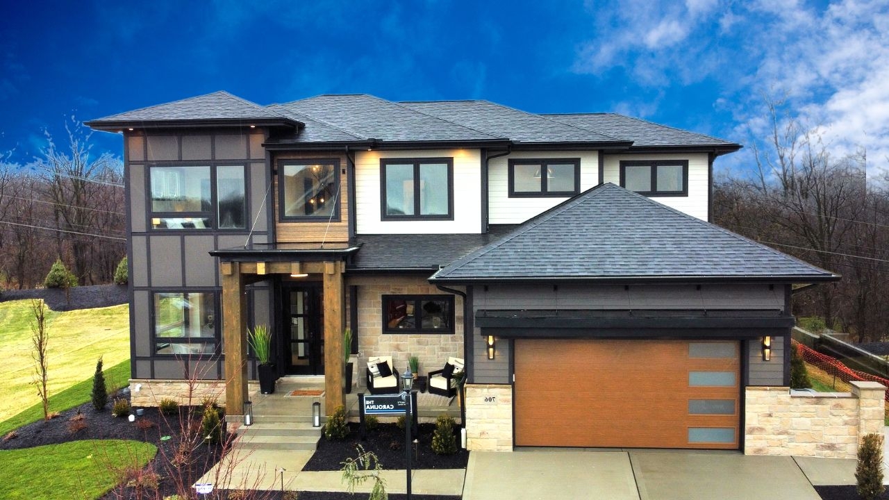Modern Home with Vertical Frosted Glass Inserts and Wood Door