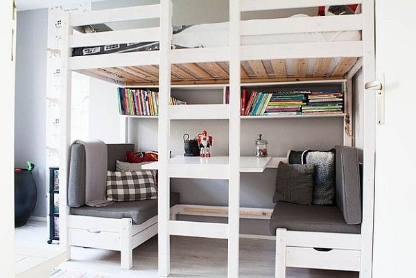 Modern Loft Bunk Bed with Symmetrical Bench Seating
