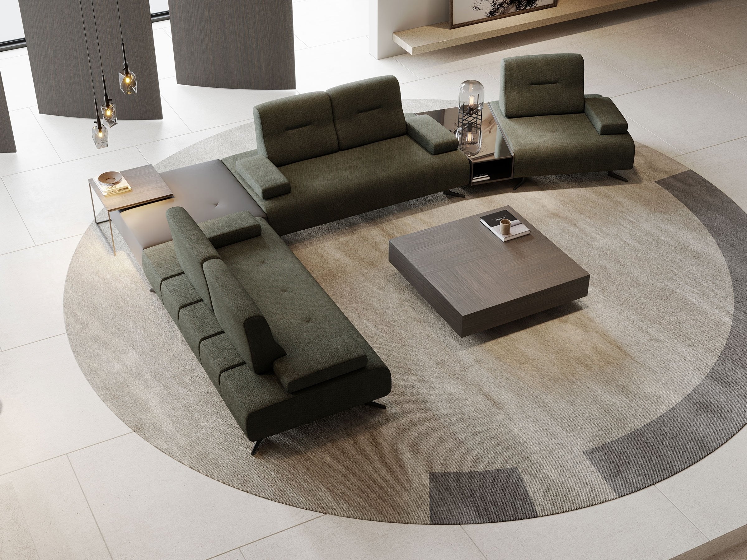 Modular Sectional Sofa with Integrated Wood Tables in Green