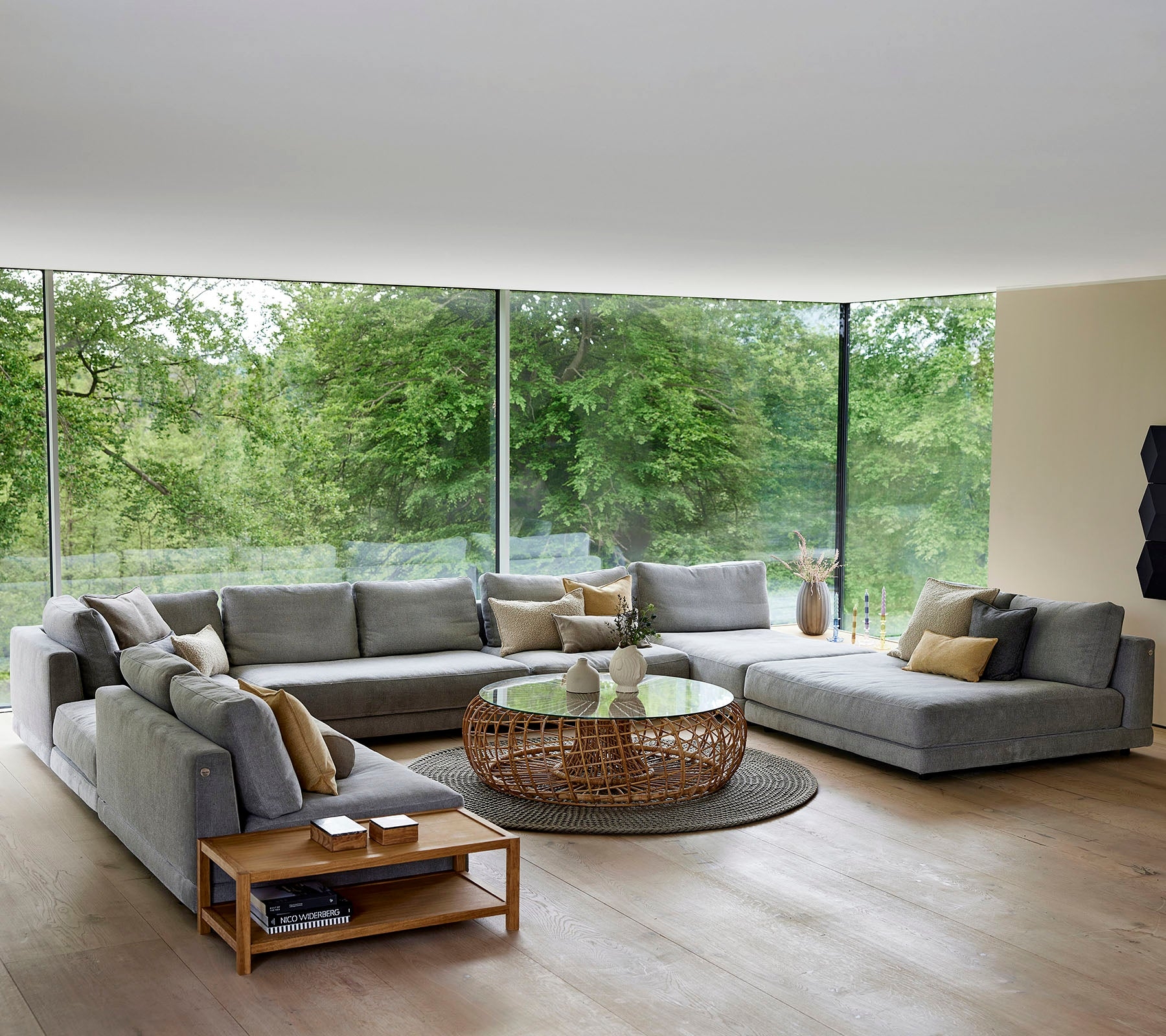 Modular Sectional with Woven Rattan Base and Glass Top Table