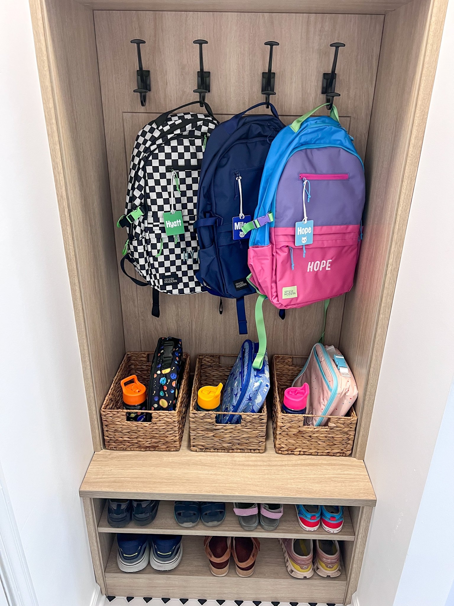 Mudroom Cubby Wood Tone Woven Baskets Double Hooks