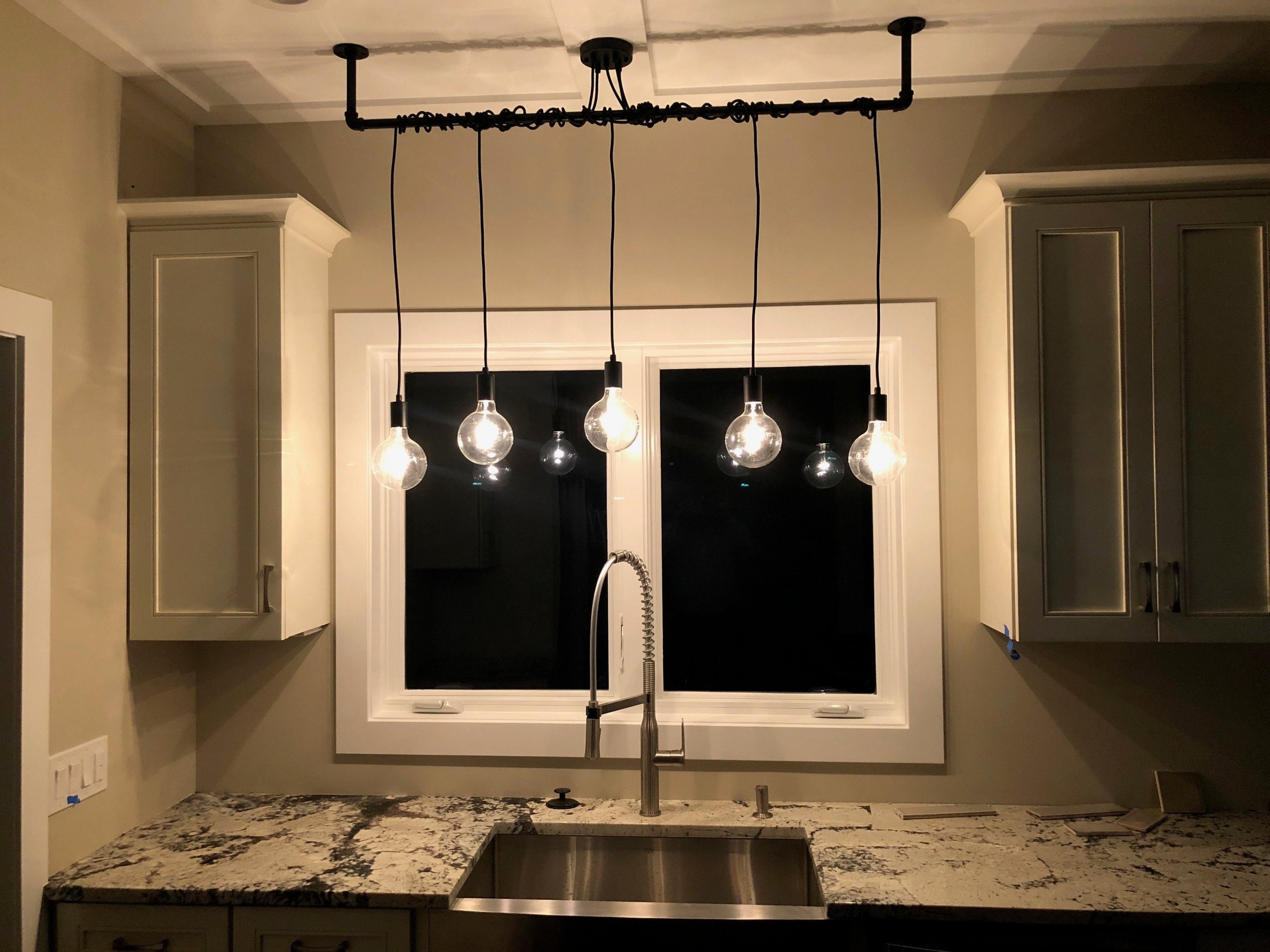 Multi Light Pendant Pipe Frame Wrap Cord Five Light Island