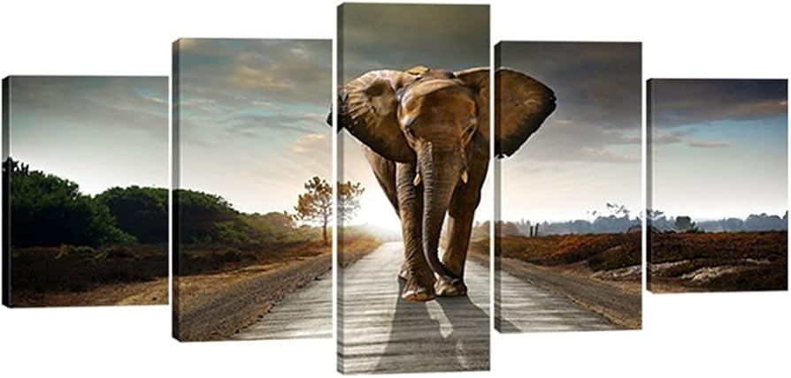 Multi Panel Wall Art Split Canvas Landscape 5 Panel Elephant Art