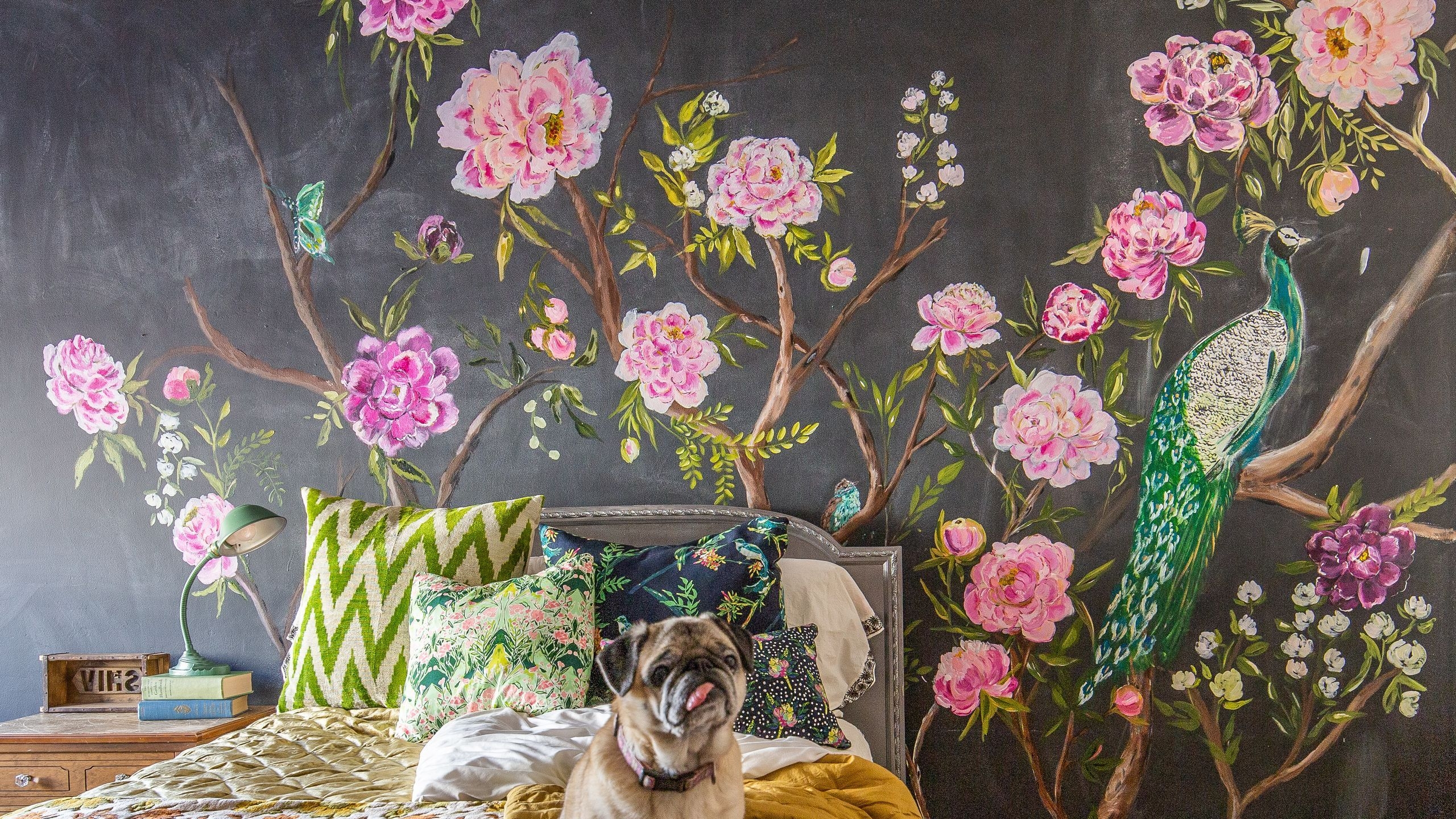 Mural Accent Wall with Peacock Motif and Hand Painted Floral Decor