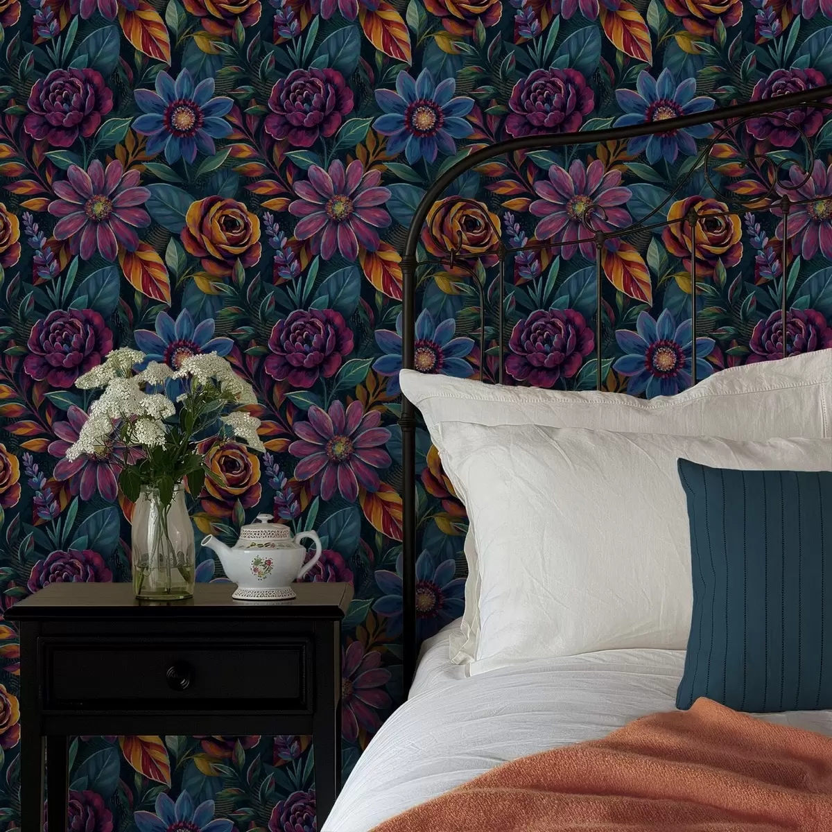 Mural Wallpaper Navy Background Dark Floral Design