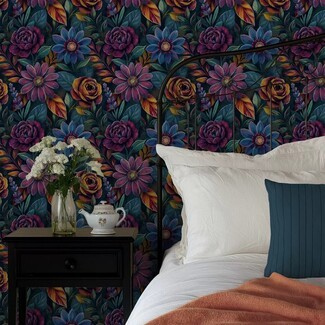 Mural Wallpaper Navy Background Dark Floral Design