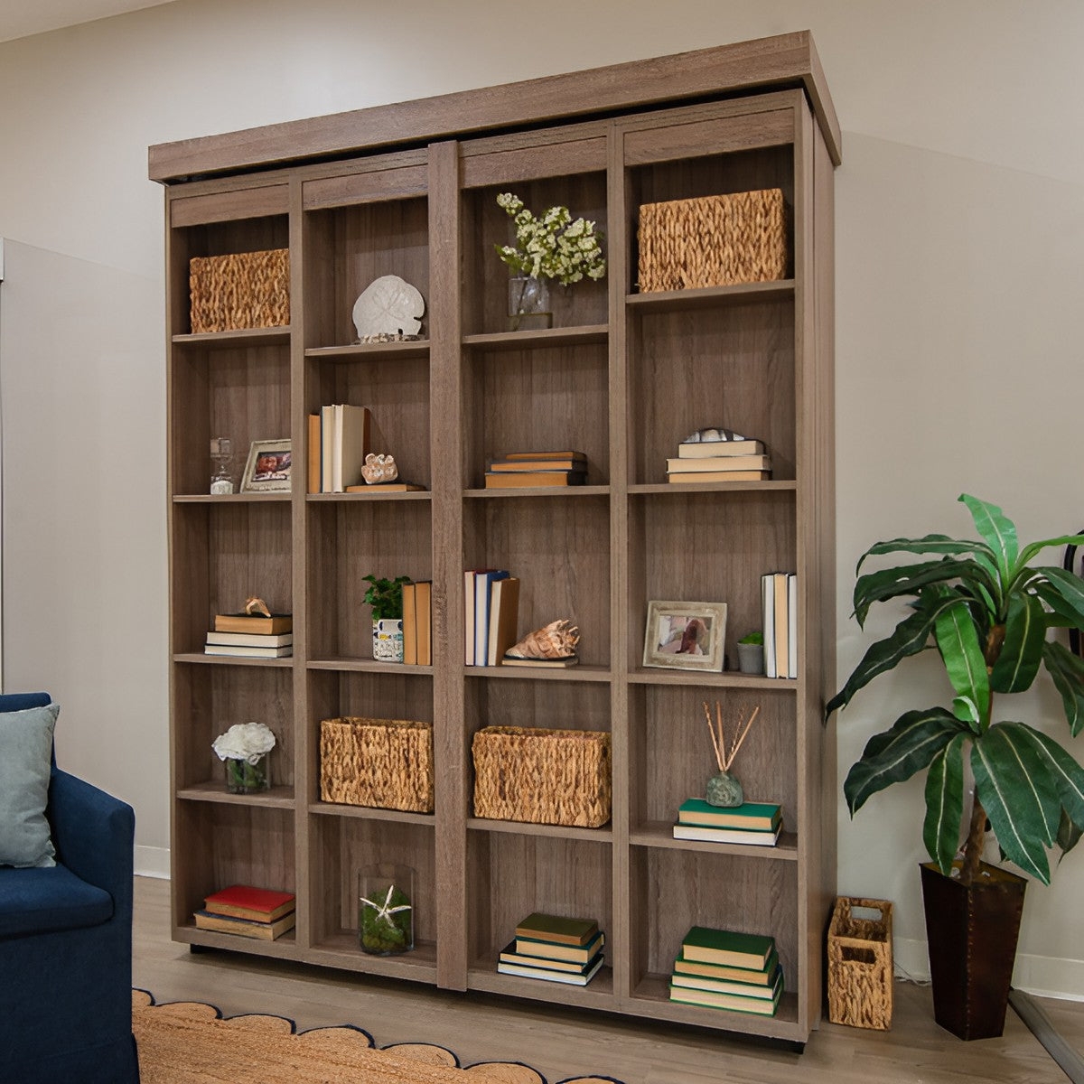 Murphy Bed: Walnut Bifold Bookcase with Woven Textures