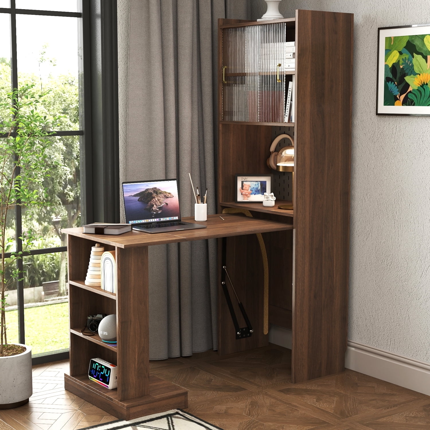 Murphy Desk Fluted Glass Door Walnut Folding Extension