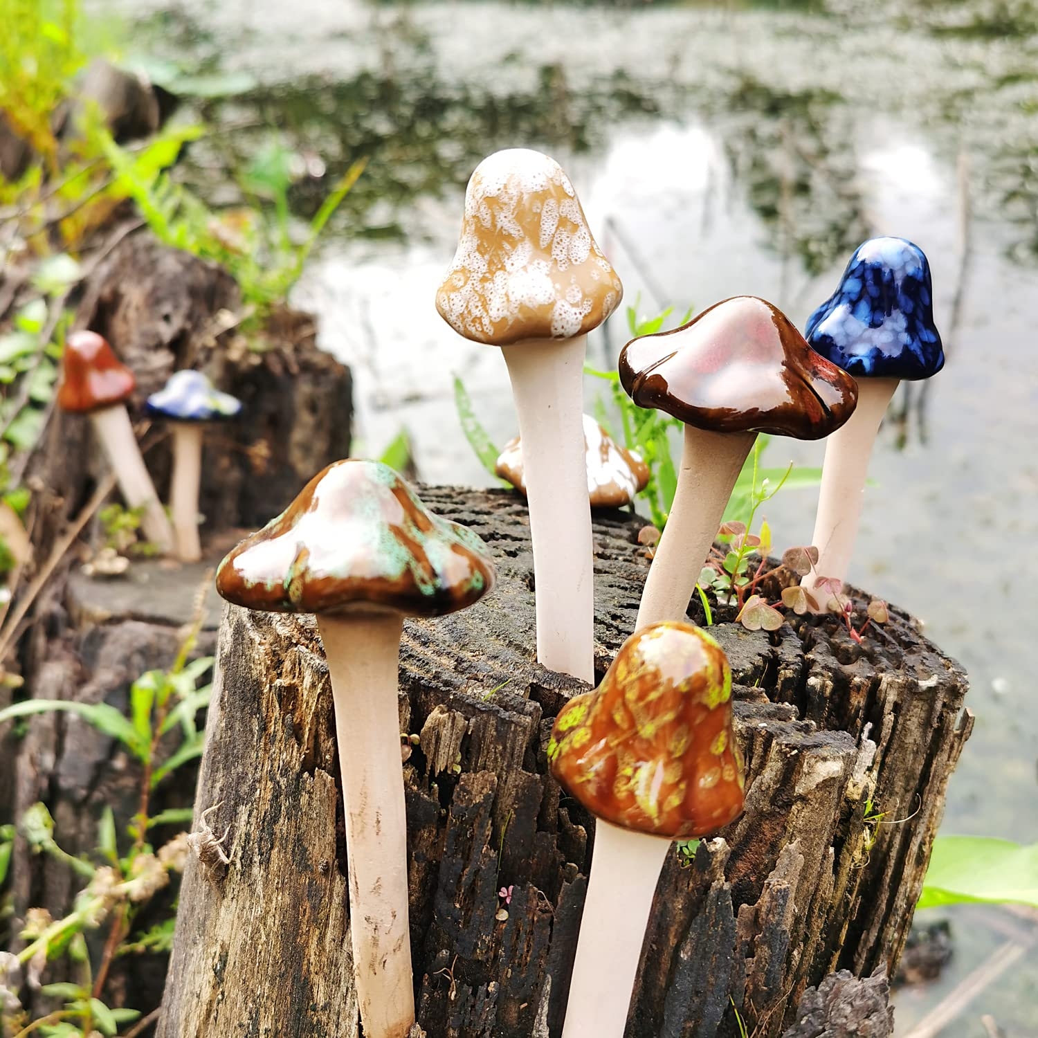 Mushroom Garden Stakes: Reactive Glaze Varied Cap Shapes