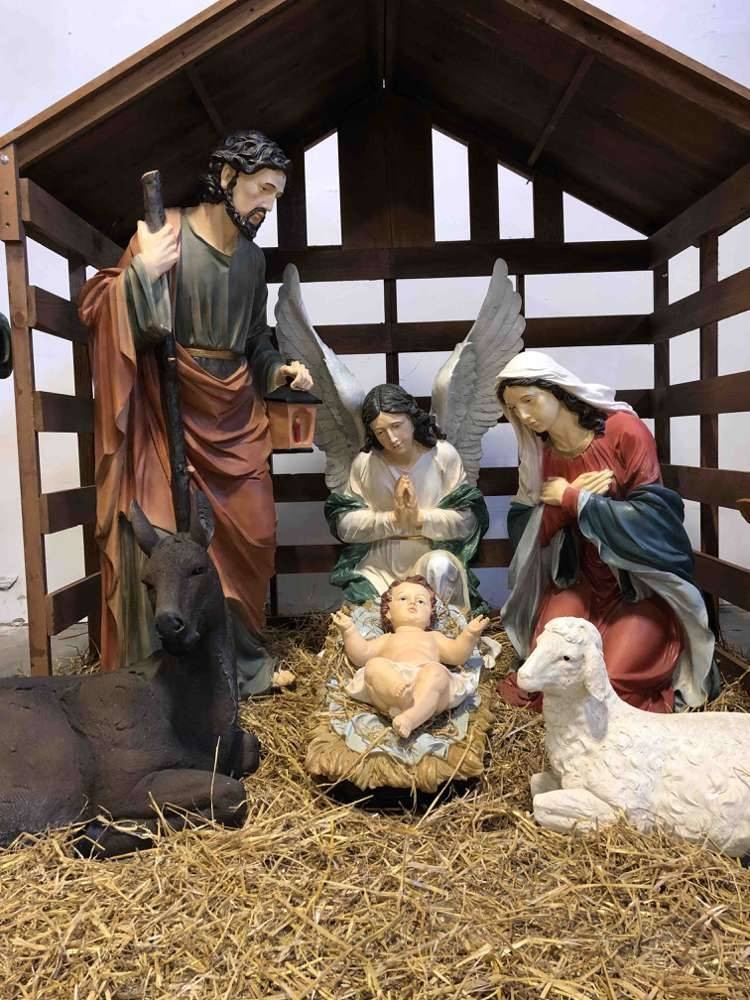 Nativity Set: Traditional Stable Scene, Wood Slat Construction