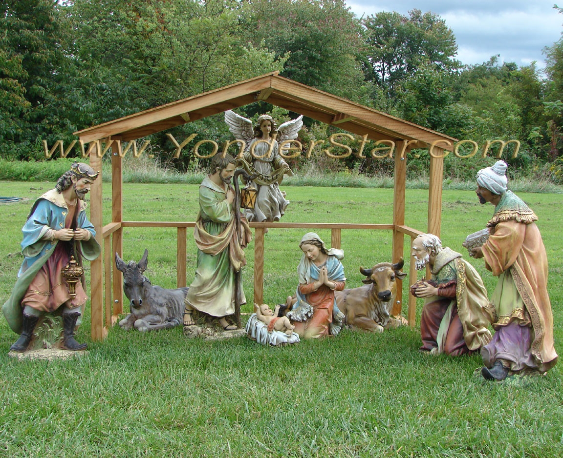 Nativity Set: Wooden Manger Display Set, 9 Piece Collection