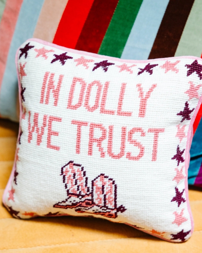 Needlepoint Pillow with Cowboy Boot Graphic and Cheeky Slogan