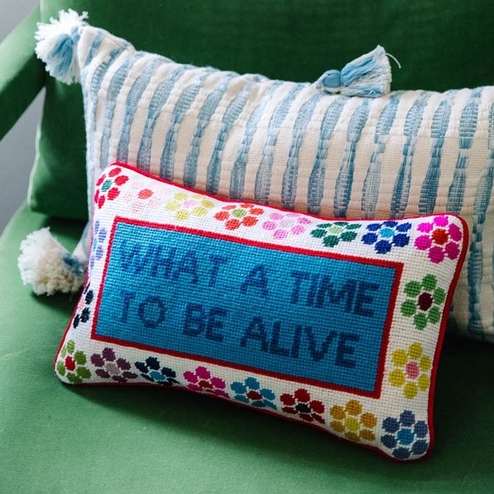 Needlepoint Pillow with Floral Border and Royal Blue Quote
