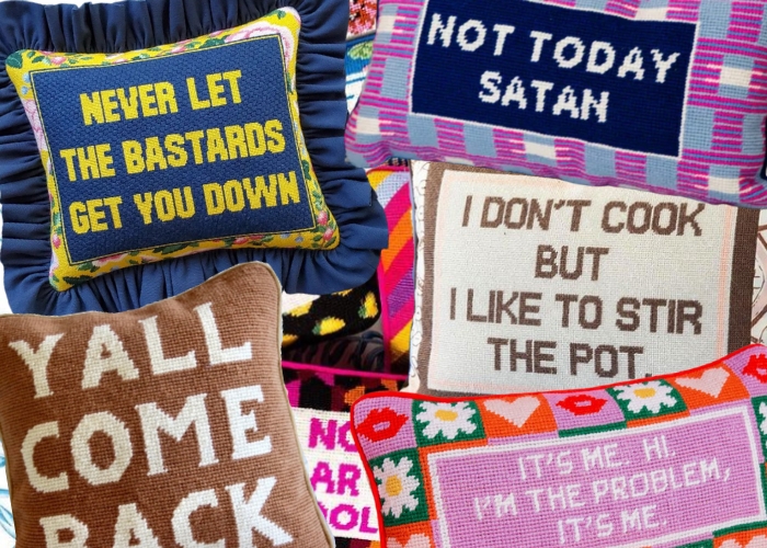 Needlepoint Pillow with Kitschy Humor and Sassy Ruffled Trim
