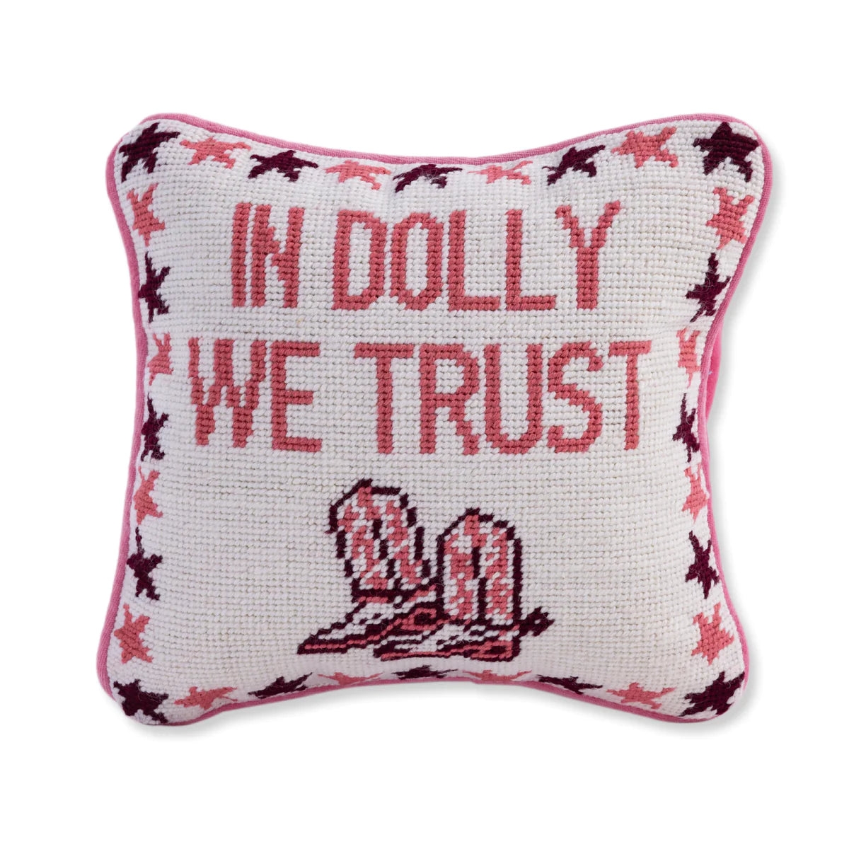 Needlepoint Pillow with Pink Star Frame and In Dolly We Trust