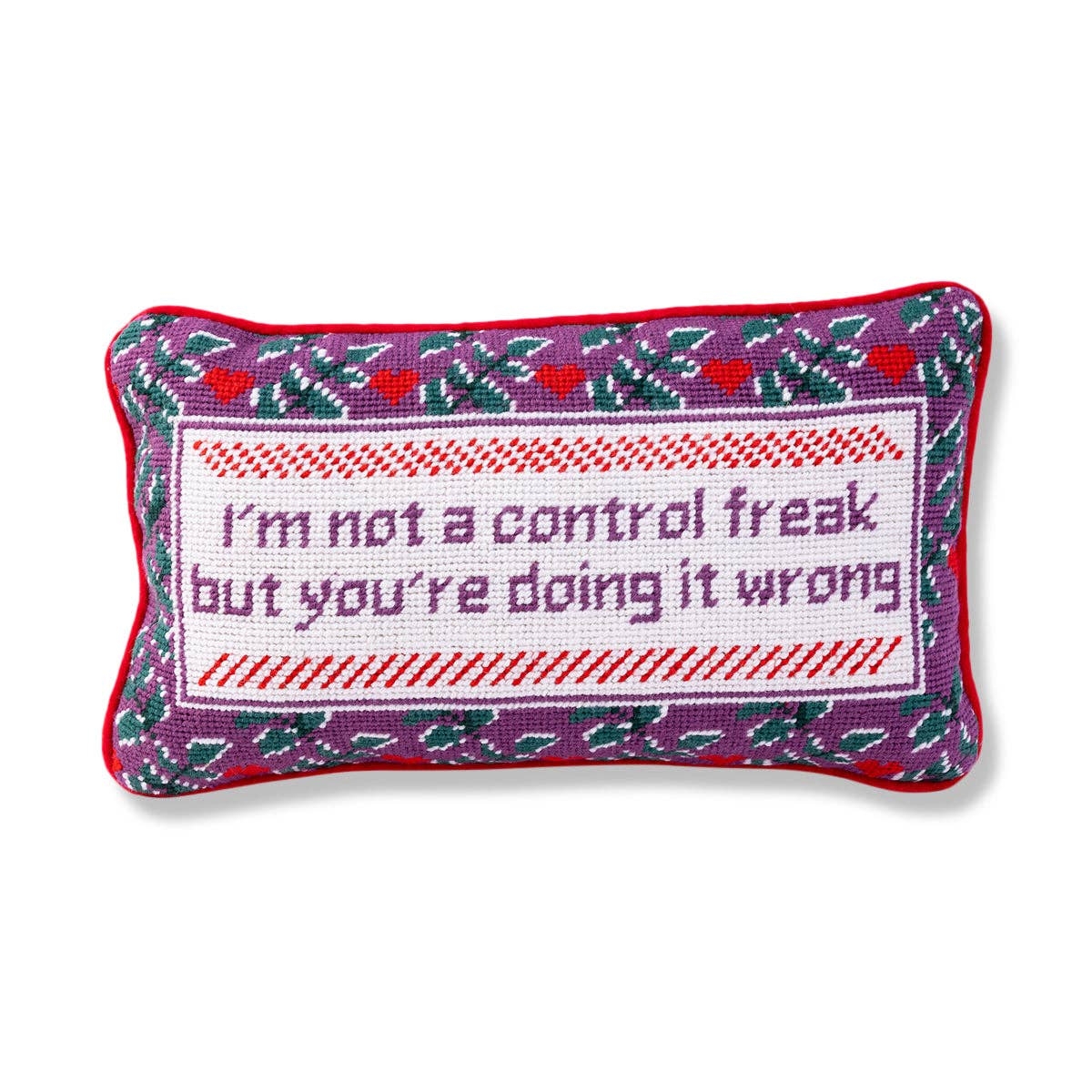 Needlepoint Pillow with Purple Background and Red Heart Motifs