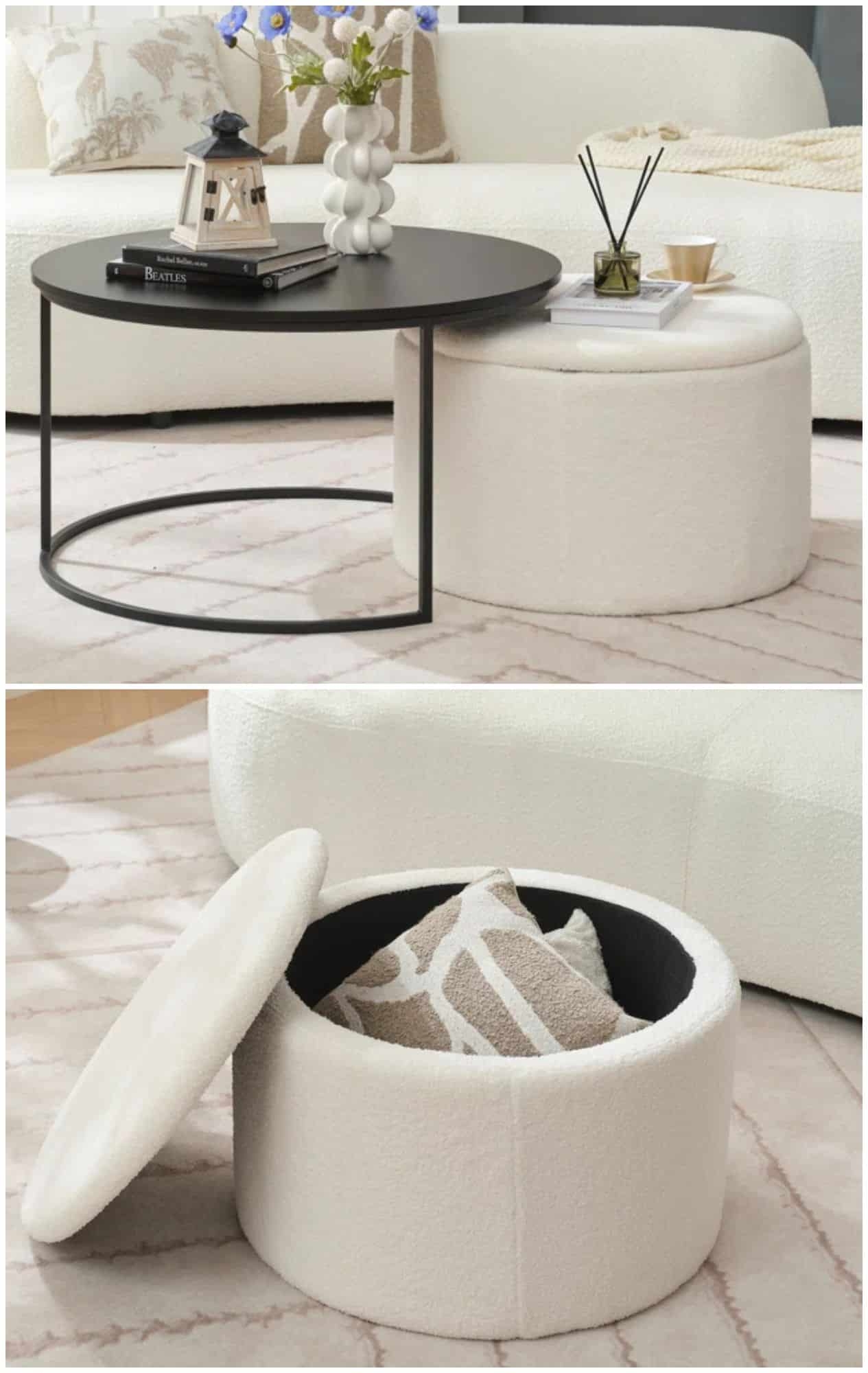 Nesting Coffee Table Round Matte Black Bouclé Texture