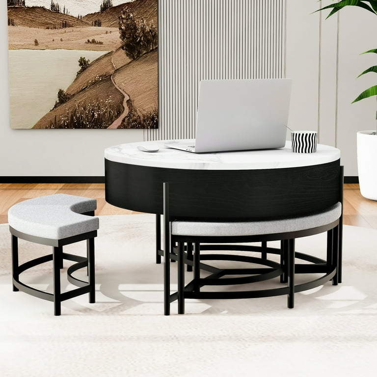 Nesting Coffee Table Set Matte Black Round Marble Pattern