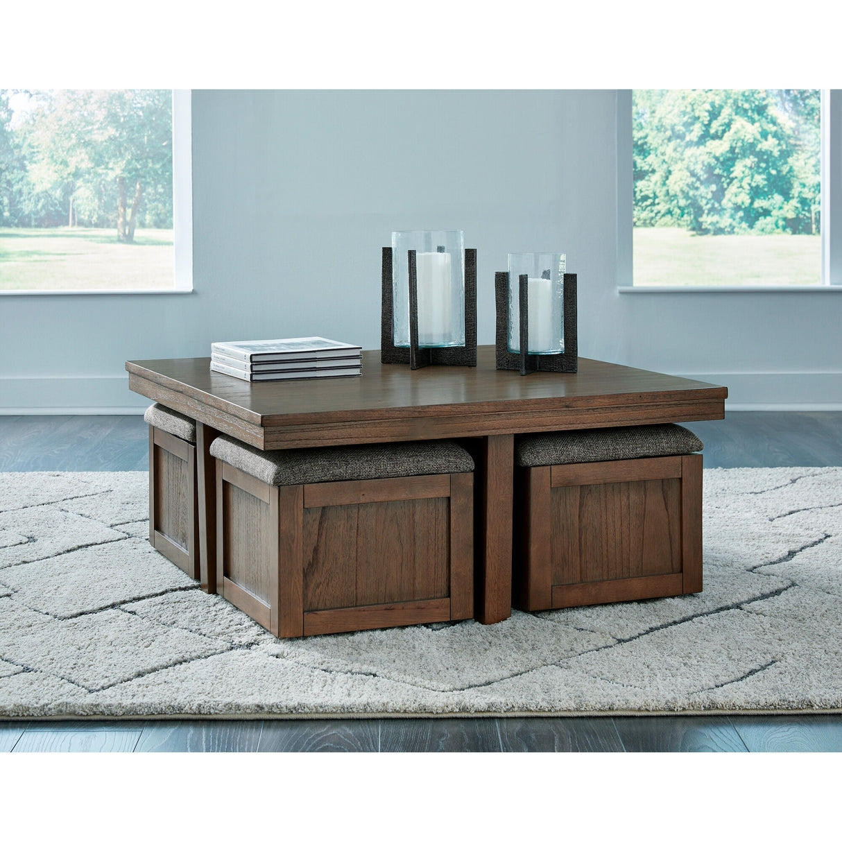 Nesting Coffee Table Square Wood Top Walnut Panel Stools