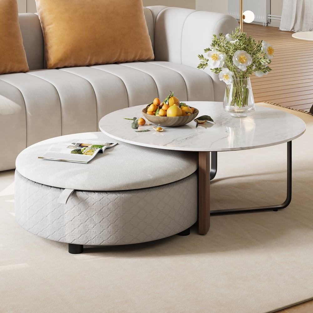 Nesting Coffee Table Storage Ottoman Quilted Fabric Texture