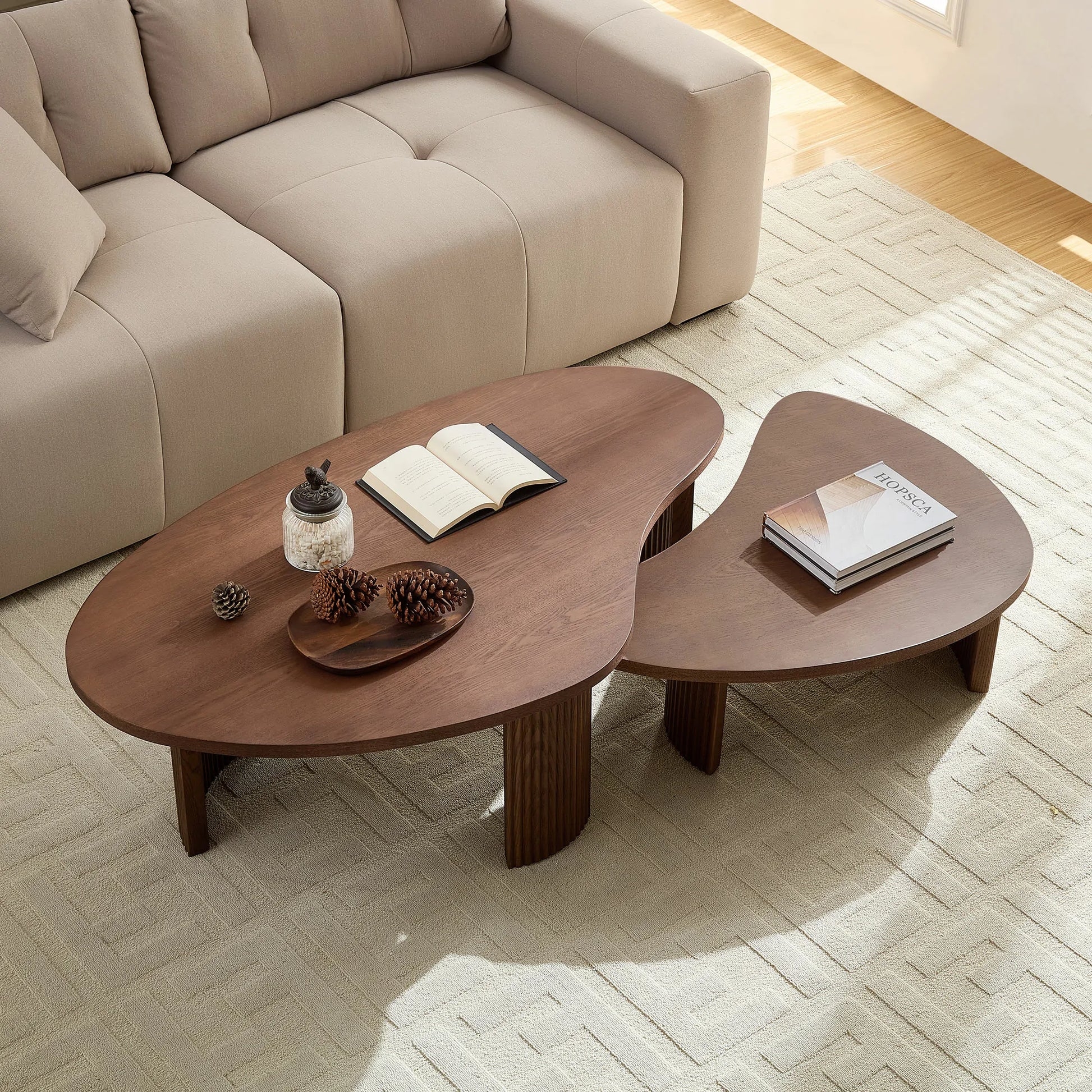 Nesting Coffee Table: Walnut Brown Fluted Legs Tiered Wood Set