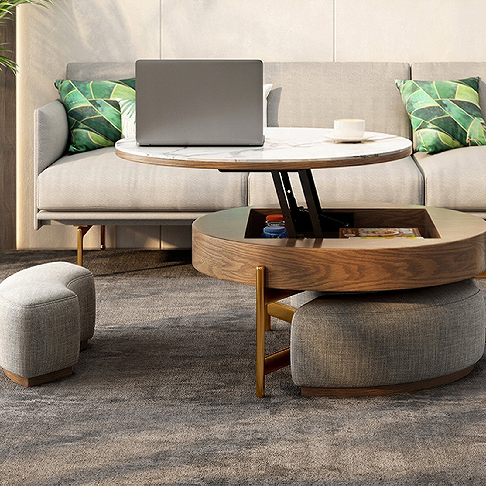 Nesting Coffee Table Walnut Finish Lift Top Storage Stools