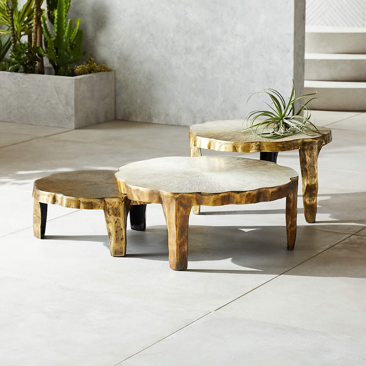 Nesting Table Set Antique Gold Organic Edges Radial Texture