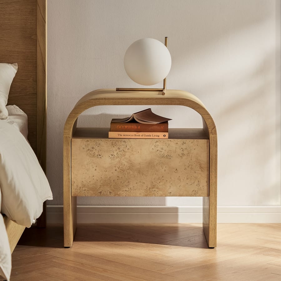Nightstand: Arched Frame and Natural Wood Bedroom Furniture