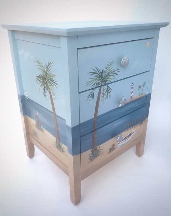 Nightstand Featuring Beach Mural and Nautical Theme Hardware